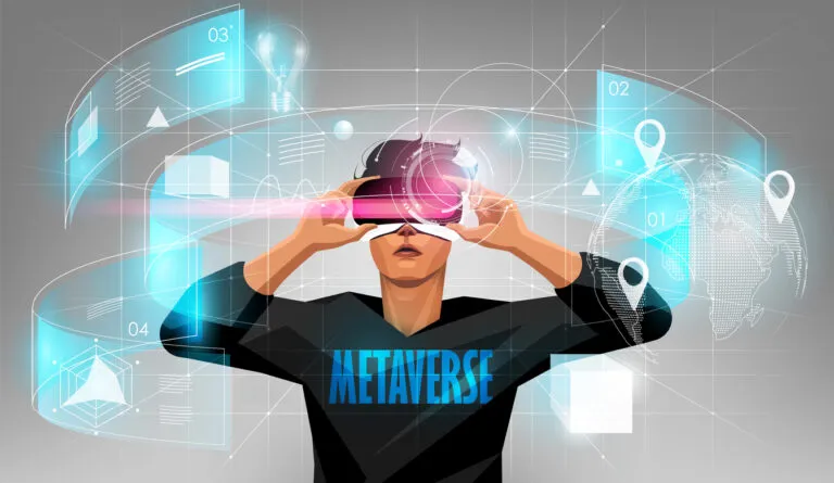 Metaverse digital cyber world technology, Man holding virtual reality glasses surrounded with futuristic interface 3d hologram data, vector illustration