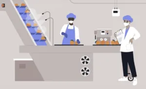 Representación de Sistema de IA monitoreando robots industriales dentro de una planta de producción de alimentos, tal como lo relatan en Grupo Kosmos.