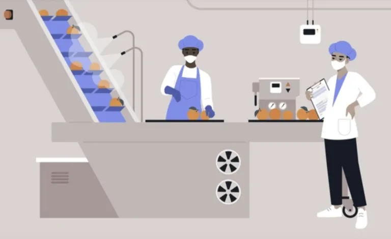 Representación de Sistema de IA monitoreando robots industriales dentro de una planta de producción de alimentos, tal como lo relatan en Grupo Kosmos.